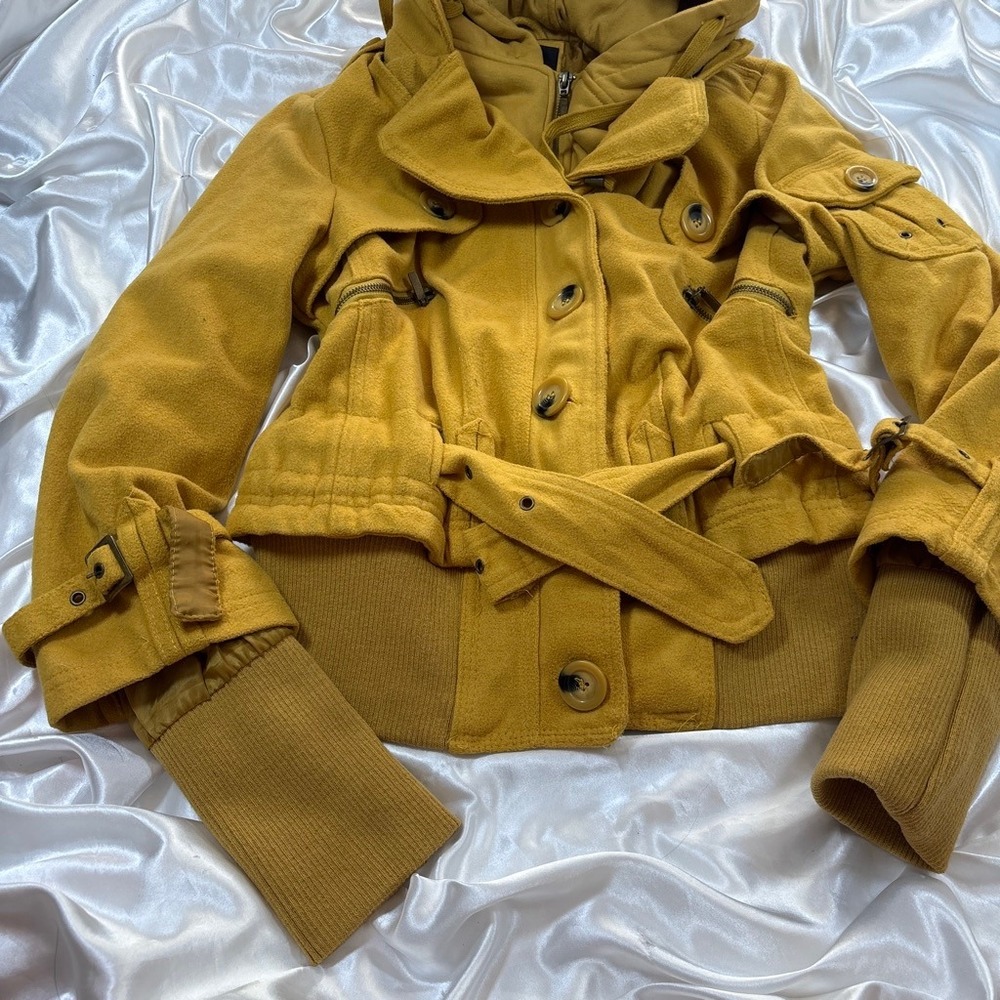 y2k Yoki Bomber Jacket Yellow Excellent Hooded Belted Utility Wool Blend L - Picture 3 of 7